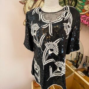 Festive Vtg Stenay Sequin & Pearls Floral Silk Top w Sheer Inset